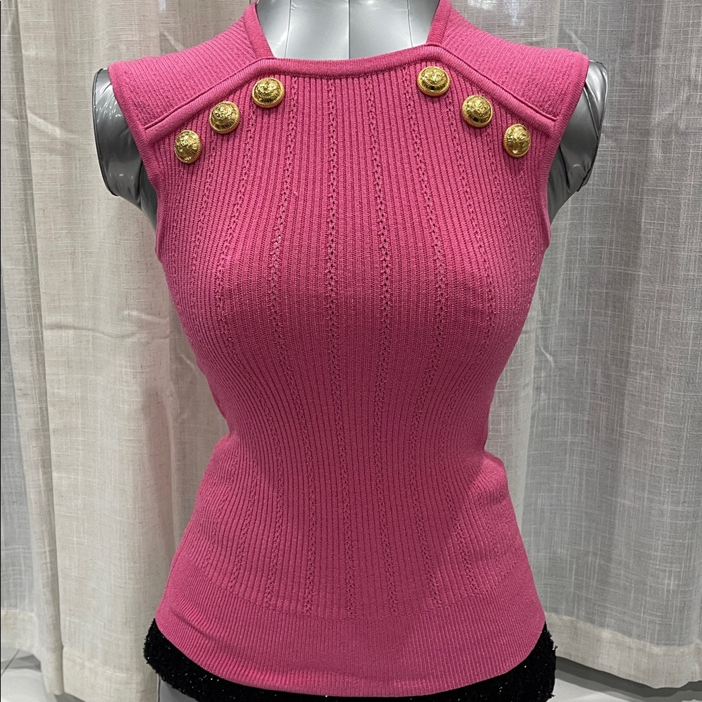 Balmain Hot Pink Ribbed Sleeveless Knit Top with Gold Buttons